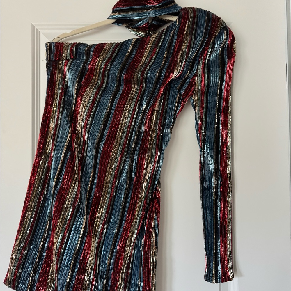 Off-Shoulder Metallic Stripe Women’s Dress in Red, Blue & Gold